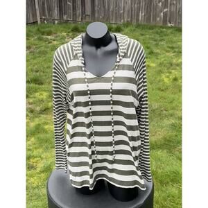 CAbi Striped Hooded Knit Top Green White V-Neck Long Sleeve Women's Size S
